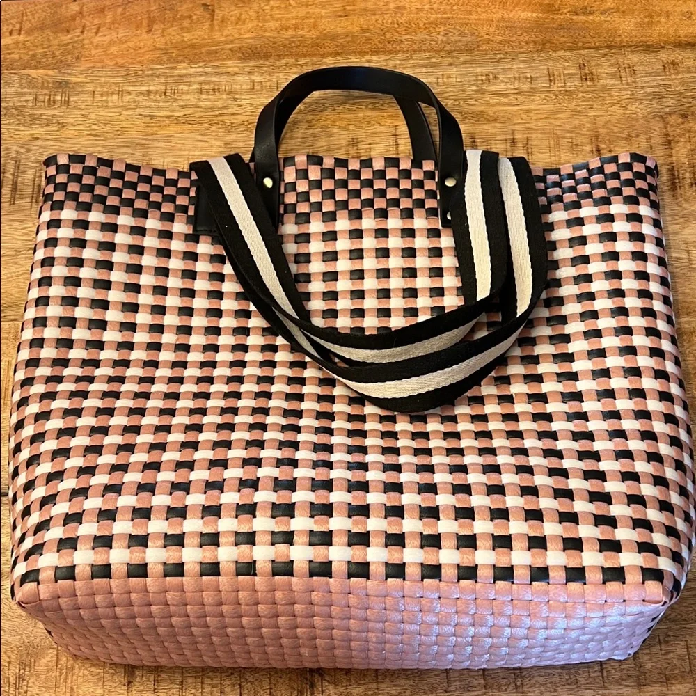 Anthropologie Woven Pink and Black Check Tote